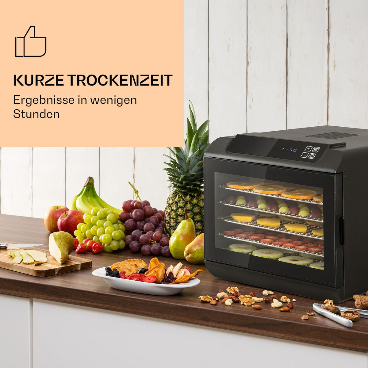 Klarstein Arizona Jerky Dörrautomat - Dörrgerät, Dehydrator, trocknet Obst, Fleisch und Früchte, 500 Watt, 35-70°C, 6 spülmaschinenfeste Einlagefächer, kurze Trockenzeit, Touch-Display, schwarzw
