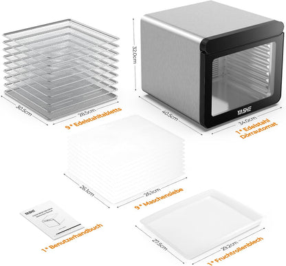 YASHE Stainless Steel Dehydrator with Digital Control (Temperature up to 75°C, Timer up to 48 Hours), 9 Trays Dehydrator for Fruit and Vegetables, Rear Fan for 360° Air Circulation, 800 Ww