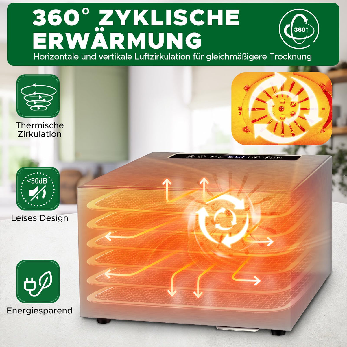 Kwasyo Dörrautomat Edelstahl DA 1000, XXL-Dörrfläche 1,8 m², Dörrgerät Temperatur einstellbar 30-90℃, LED-Display, 24 Std, BPA-frei, mit Rezeptheft, 10 Edelstahl-Dörrtablettsw