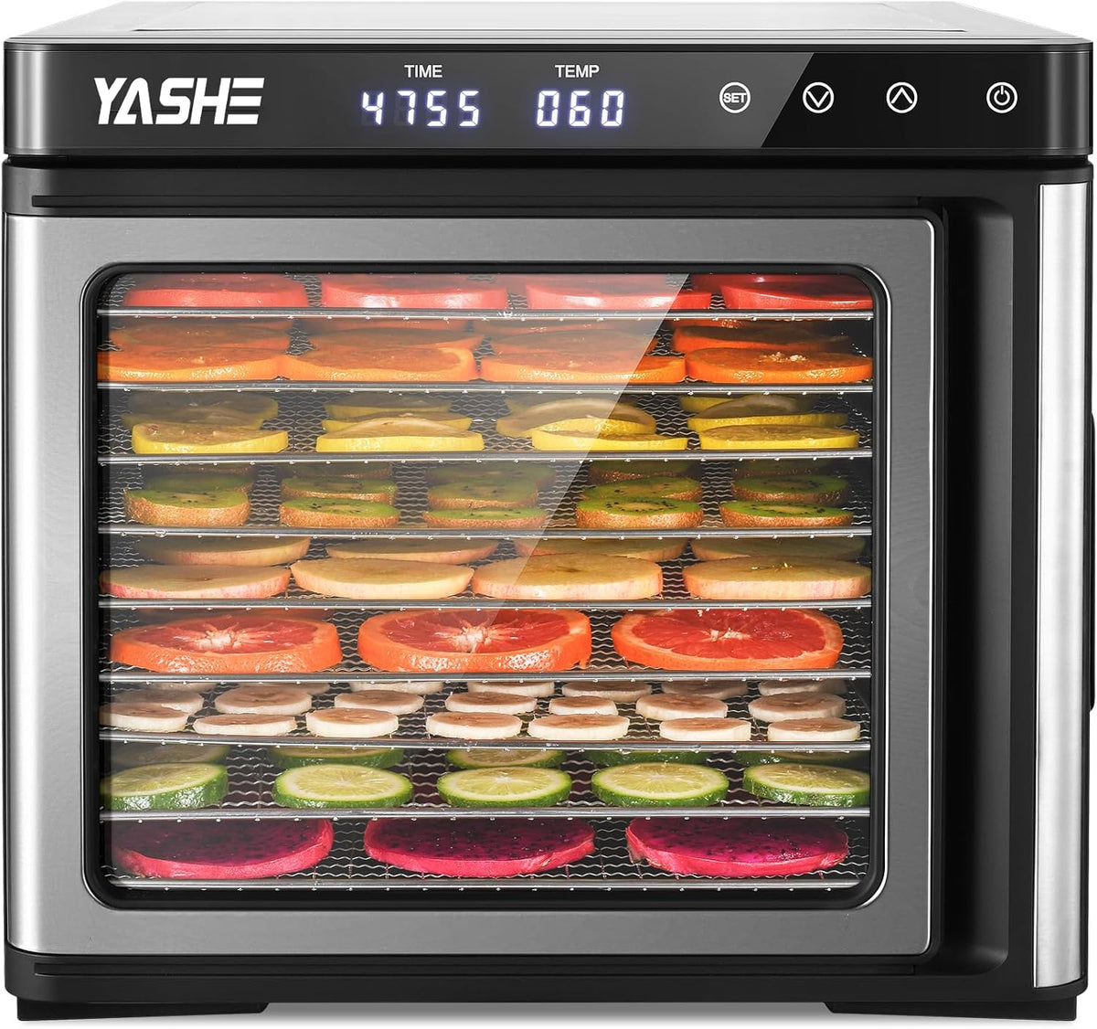 Edelstahl Dörrautomat, 1000W Dörrgerät für Obst und Gemüse mit LED-Anzeige, präziser Temperaturregelung (35-75°C), 48-Stunden-Timer, 9 Edelstahlschalen, 2 Maschensiebe, 1 Schale für Obstrollenw