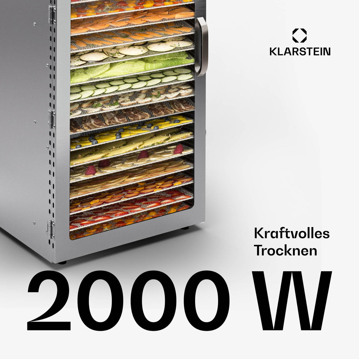 Klarstein Dörrgerät, Dörrautomat für Gemüse, Obst, Pilze & Fleisch, 1500W Edelstahl-Dörrautomat, Trockenautomat mit 16 Metallgitter, Dörrgerät mit 24H Timer & Touch-Display, Food Dehydratorw