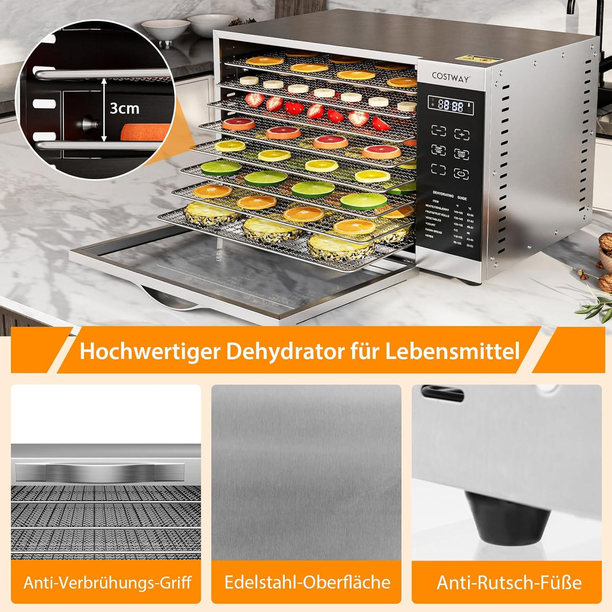 COSTWAY Dehydrator with 8 Grid Trays, 620W Dehydrator 30-70°C Temperature Control & 24H Timer, Overheating & Overload Protection, Food Dryer for Fruit, Meat, Vegetablesw