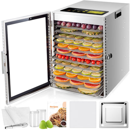 Kwasyo Dehydrator Stainless Steel, Double Fan 360° Efficient Dry, Dehydrator 12 Levels, 20-90°C Temperature Control, 24 Hour Timer, Overheating Protection, Recipe Book for Meat, Fruit, Vegetables,w