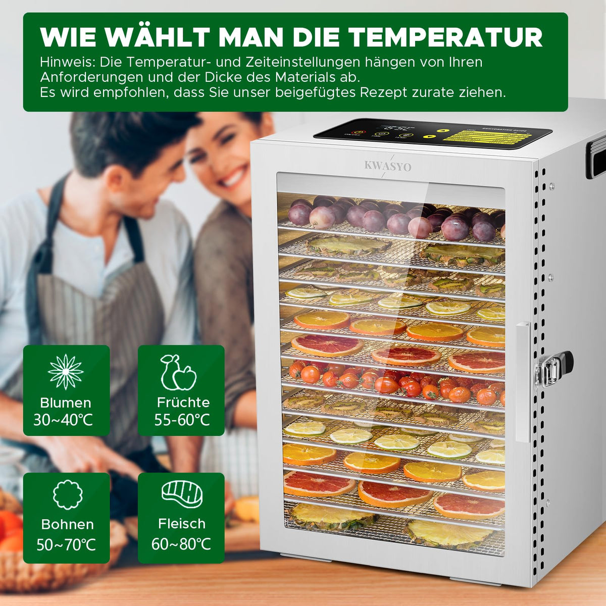 Kwasyo Dehydrator Stainless Steel, Double Fan 360° Efficient Dry, Dehydrator 12 Levels, 20-90°C Temperature Control, 24 Hour Timer, Overheating Protection, Recipe Book for Meat, Fruit, Vegetables,w