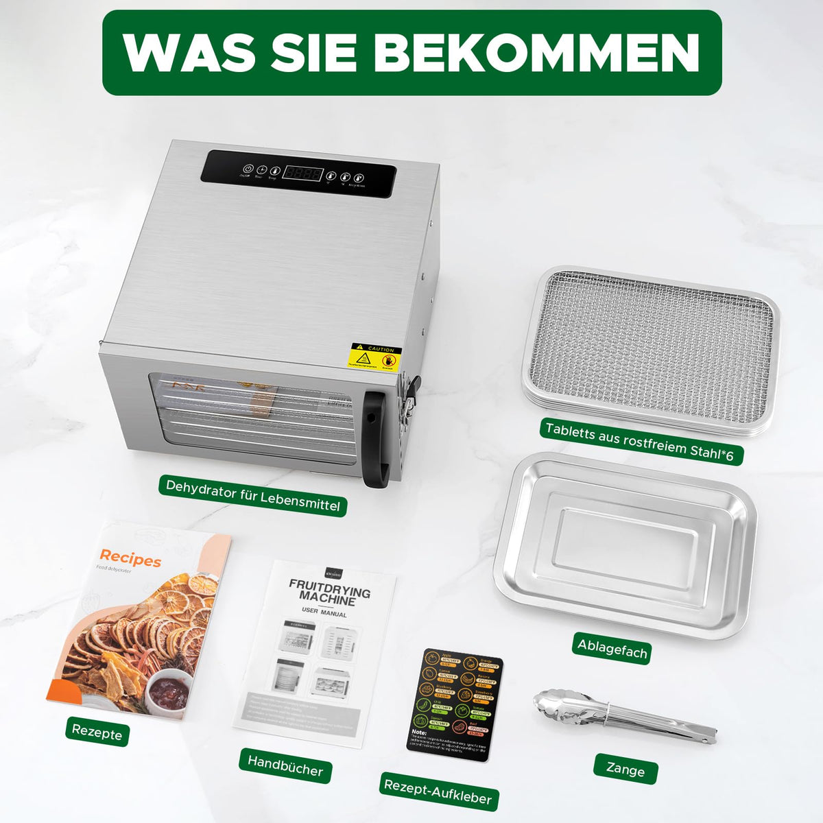 Kwasyo Dörrautomat Edelstahl DA 1000, XXL-Dörrfläche 1,8 m², Dörrgerät Temperatur einstellbar 30-90℃, LED-Display, 24 Std, BPA-frei, mit Rezeptheft, 10 Edelstahl-Dörrtablettsw
