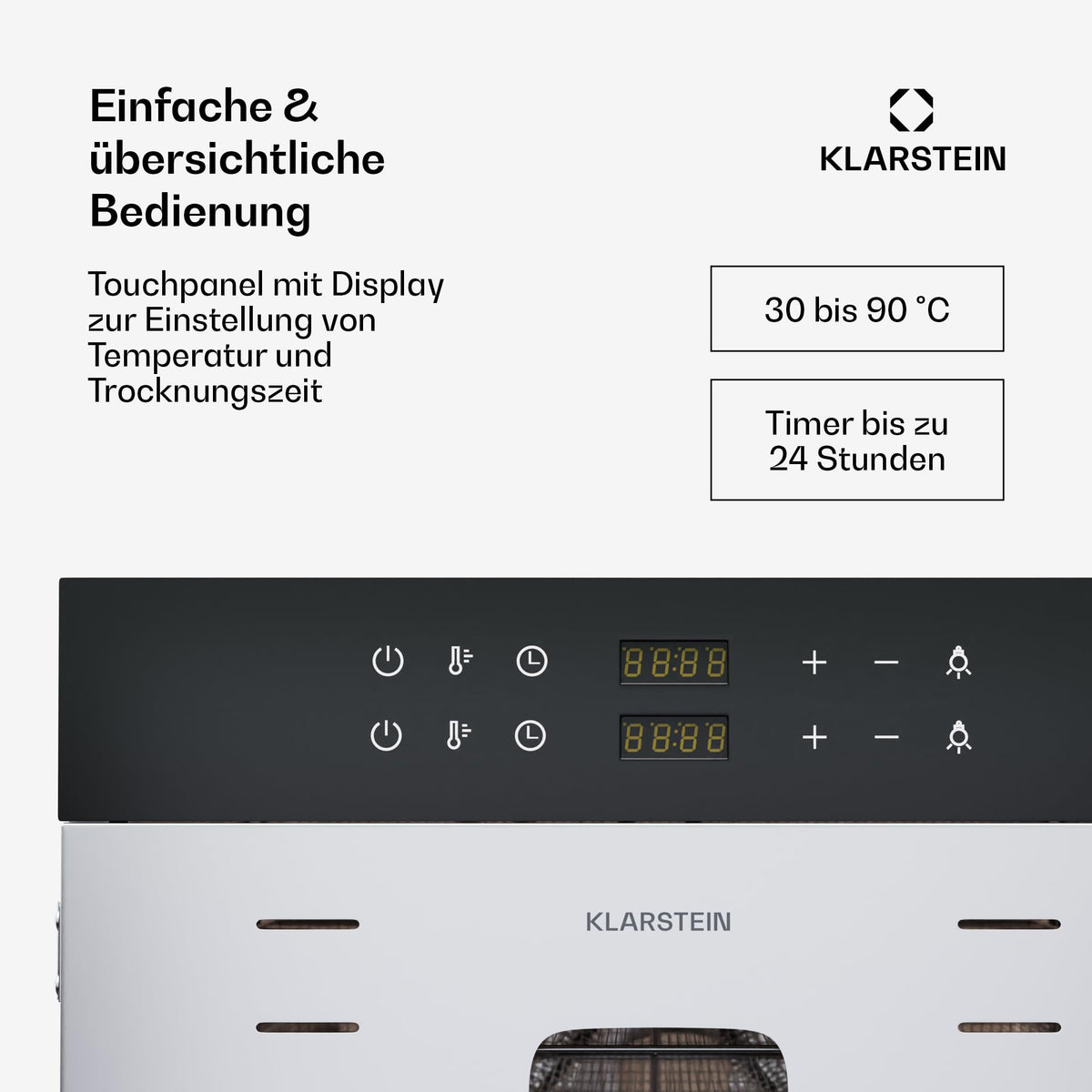 Klarstein Dörrautomat Edelstahl – 4.000-W-Dörrgerät, 48 Edelstahl-Einlegeböden, 30–90 °C, 24-Stunden-Timer, 6 Ventilatoren, 2 Trockenkammern, 50–55 dB, ideal für Obst, Gemüse, Fleisch, Kräuter, Silberw