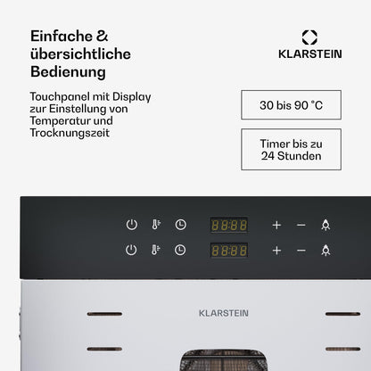 Klarstein Dörrautomat Edelstahl – 4.000-W-Dörrgerät, 48 Edelstahl-Einlegeböden, 30–90 °C, 24-Stunden-Timer, 6 Ventilatoren, 2 Trockenkammern, 50–55 dB, ideal für Obst, Gemüse, Fleisch, Kräuter, Silberw