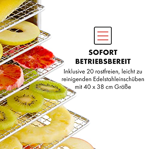 Klarstein Dörrautomat Edelstahl – 4.000-W-Dörrgerät, 48 Edelstahl-Einlegeböden, 30–90 °C, 24-Stunden-Timer, 6 Ventilatoren, 2 Trockenkammern, 50–55 dB, ideal für Obst, Gemüse, Fleisch, Kräuter, Silberw