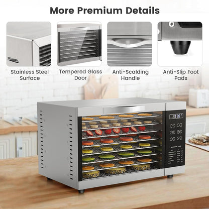 RELAX4LIFE Dörrautomat Edelstahl, Dörrgerät Temperatur einstellbar 30-70℃, Food Dehydrator inkl. 8 Edelstahl-Dörrtabletts, Touch-Display, 24 Std, für Lebensmittel Fleisch Früchte Gemüsew