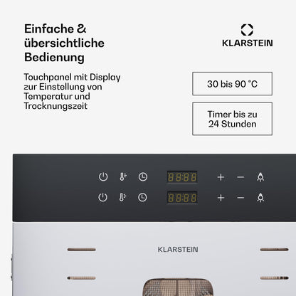 Klarstein Dörrautomat Edelstahl – 4.000-W-Dörrgerät, 48 Edelstahl-Einlegeböden, 30–90 °C, 24-Stunden-Timer, 6 Ventilatoren, 2 Trockenkammern, 50–55 dB, ideal für Obst, Gemüse, Fleisch, Kräuter, Silberw