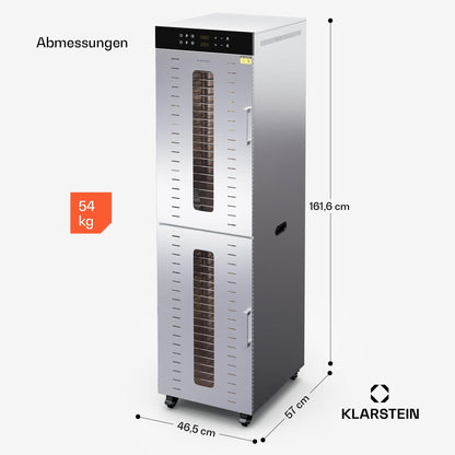 Klarstein Dörrautomat Edelstahl – 4.000-W-Dörrgerät, 48 Edelstahl-Einlegeböden, 30–90 °C, 24-Stunden-Timer, 6 Ventilatoren, 2 Trockenkammern, 50–55 dB, ideal für Obst, Gemüse, Fleisch, Kräuter, Silberw
