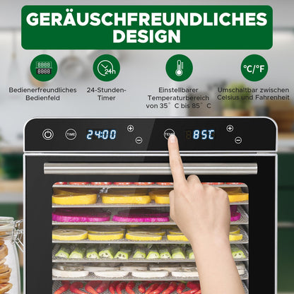 Kwasyo Dörrautomat Edelstahl Trockenkapazität 3,8 kg Rindfleisch, 0,67 m² Trockenfläche, 8 Edelstahl-Dörrtabletts (28x30 cm), 35-85°C Dörrgerät für Hundeleckerlis, Kräuter, Fleisch, Obst, Joghurtw
