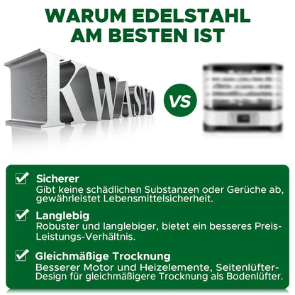 Kwasyo Dörrautomat Edelstahl DA 1000, XXL-Dörrfläche 1,8 m², Dörrgerät Temperatur einstellbar 30-90℃, LED-Display, 24 Std, BPA-frei, mit Rezeptheft, 10 Edelstahl-Dörrtablettsw