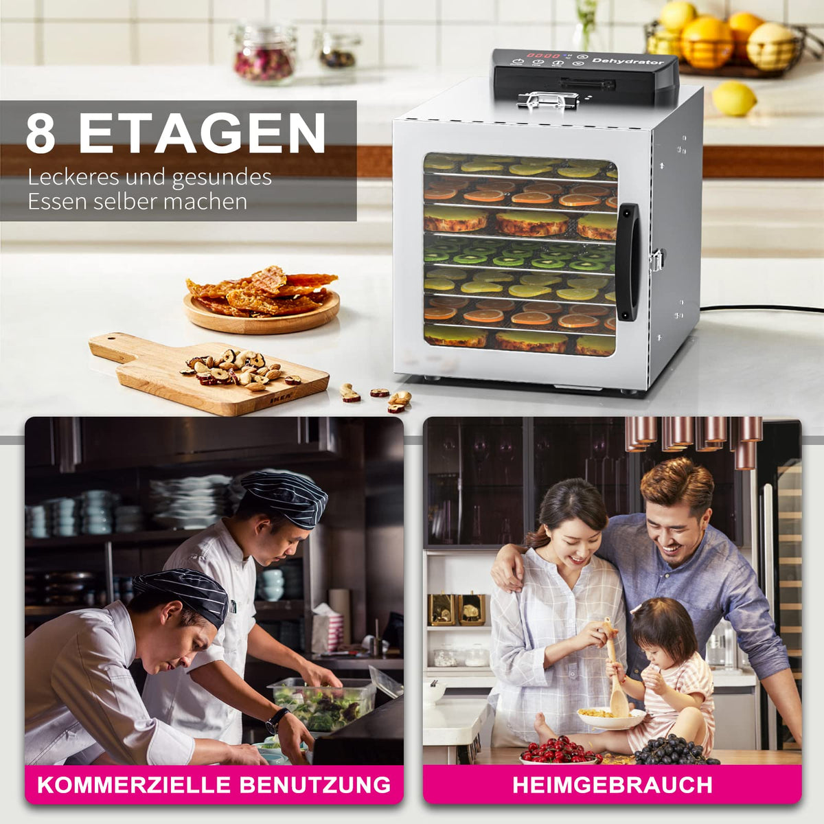 Lecon Dehydrator Stainless Steel Dehydrator Food 30-90°C, 24-Hour Timer Dehydrator for Food, Meat, Fruit, Vegetable Dryer, Fruit Dryer, Dehydrator with Apron, Sealed Tank (8 Levels)w