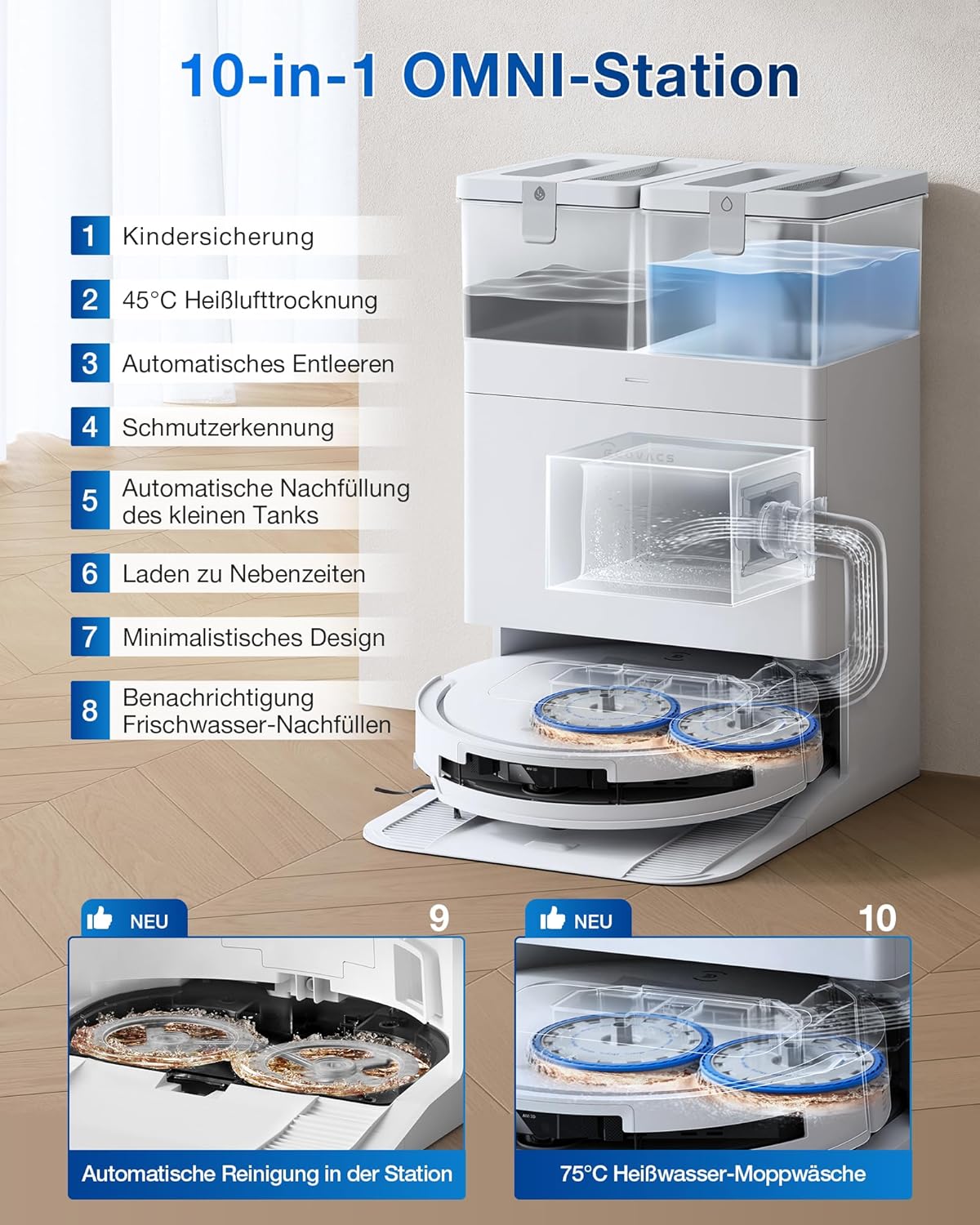 ECOVACS DEEBOT T50 Omni Saugroboter: 15.000 Pa, Heisswasser-Wischfunktion mit All-in-One Stationd