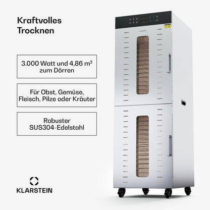 Klarstein Dörrautomat Edelstahl – 4.000-W-Dörrgerät, 48 Edelstahl-Einlegeböden, 30–90 °C, 24-Stunden-Timer, 6 Ventilatoren, 2 Trockenkammern, 50–55 dB, ideal für Obst, Gemüse, Fleisch, Kräuter, Silberw