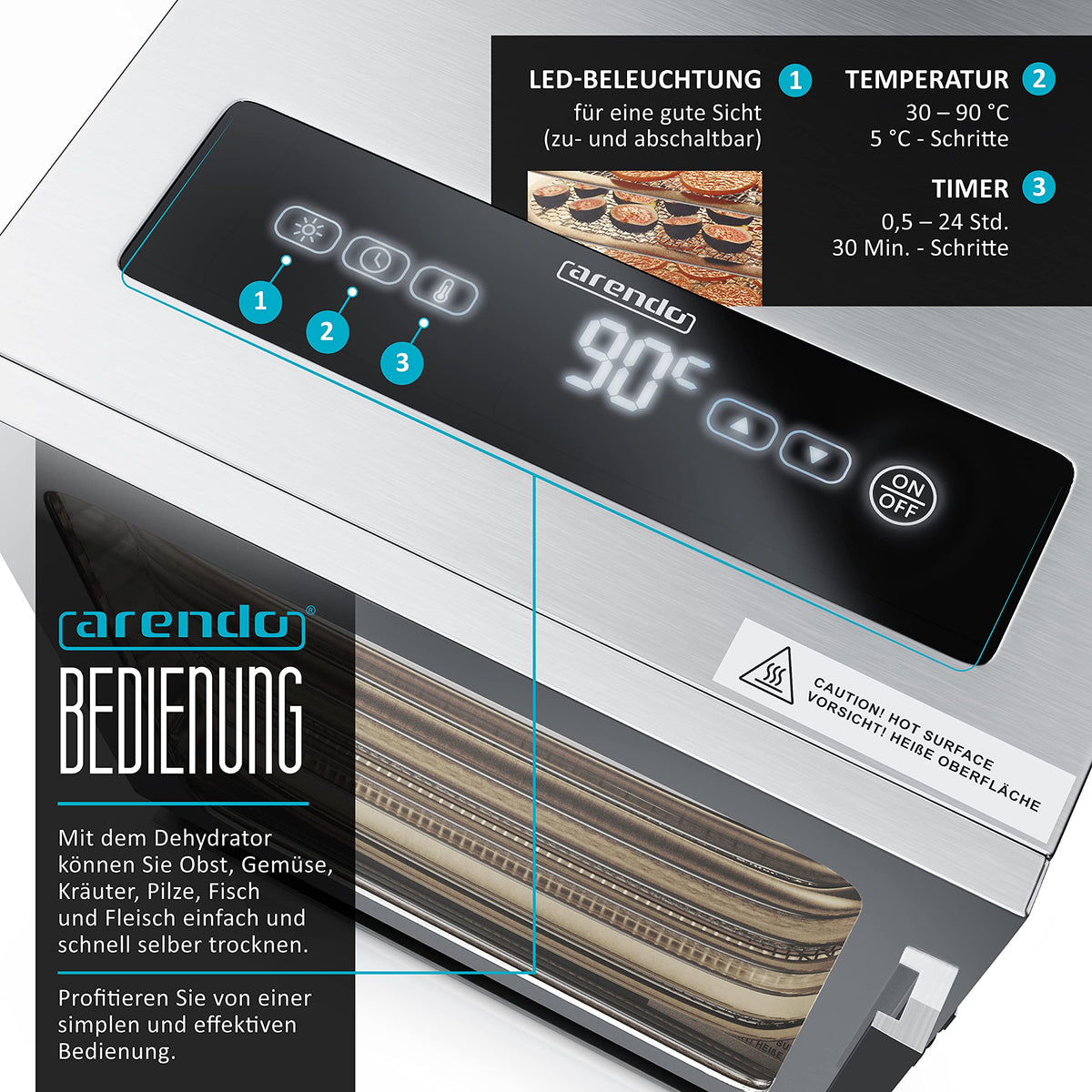 Arendo - Stainless steel dehydrator 8-fold - 500 watts with temperature control - dehydrator for food meat fruits fruit mushrooms - timer up to 24 hours - 8 compartments - GS - dehydratorw