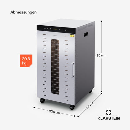 Klarstein Dörrautomat Edelstahl – 4.000-W-Dörrgerät, 48 Edelstahl-Einlegeböden, 30–90 °C, 24-Stunden-Timer, 6 Ventilatoren, 2 Trockenkammern, 50–55 dB, ideal für Obst, Gemüse, Fleisch, Kräuter, Silberw