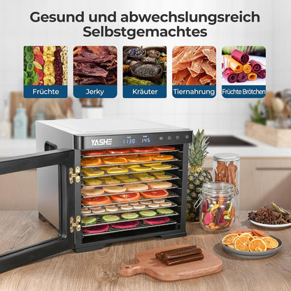 Edelstahl Dörrautomat, 1000W Dörrgerät für Obst und Gemüse mit LED-Anzeige, präziser Temperaturregelung (35-75°C), 48-Stunden-Timer, 9 Edelstahlschalen, 2 Maschensiebe, 1 Schale für Obstrollenw