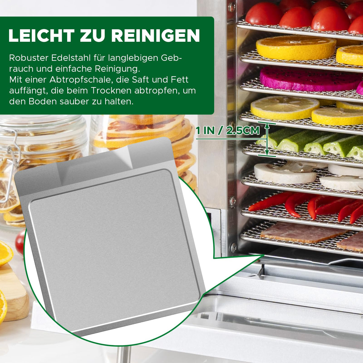 Kwasyo Dörrautomat Edelstahl Trockenkapazität 3,8 kg Rindfleisch, 0,67 m² Trockenfläche, 8 Edelstahl-Dörrtabletts (28x30 cm), 35-85°C Dörrgerät für Hundeleckerlis, Kräuter, Fleisch, Obst, Joghurtw