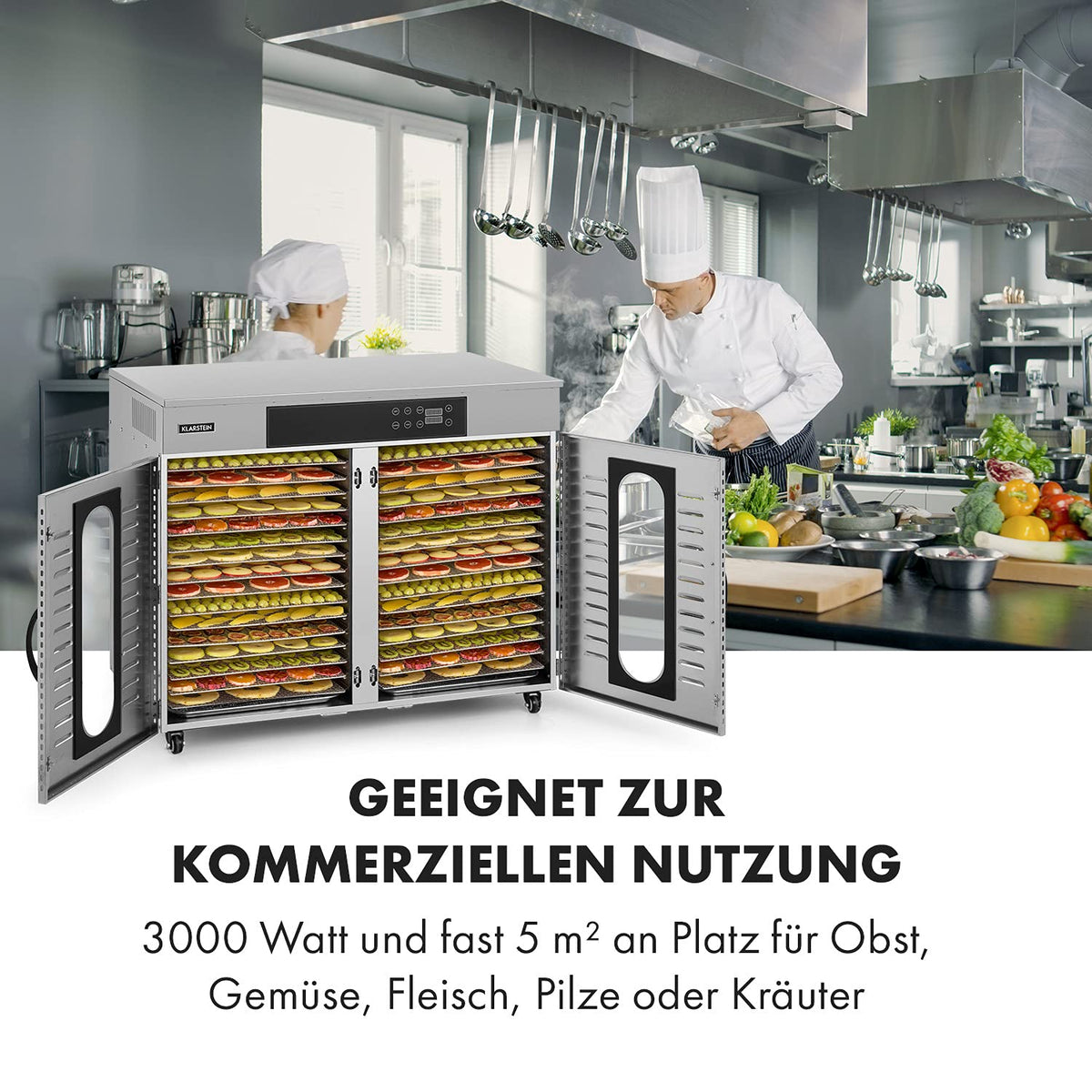 Klarstein Dörrautomat Edelstahl – 4.000-W-Dörrgerät, 48 Edelstahl-Einlegeböden, 30–90 °C, 24-Stunden-Timer, 6 Ventilatoren, 2 Trockenkammern, 50–55 dB, ideal für Obst, Gemüse, Fleisch, Kräuter, Silberw