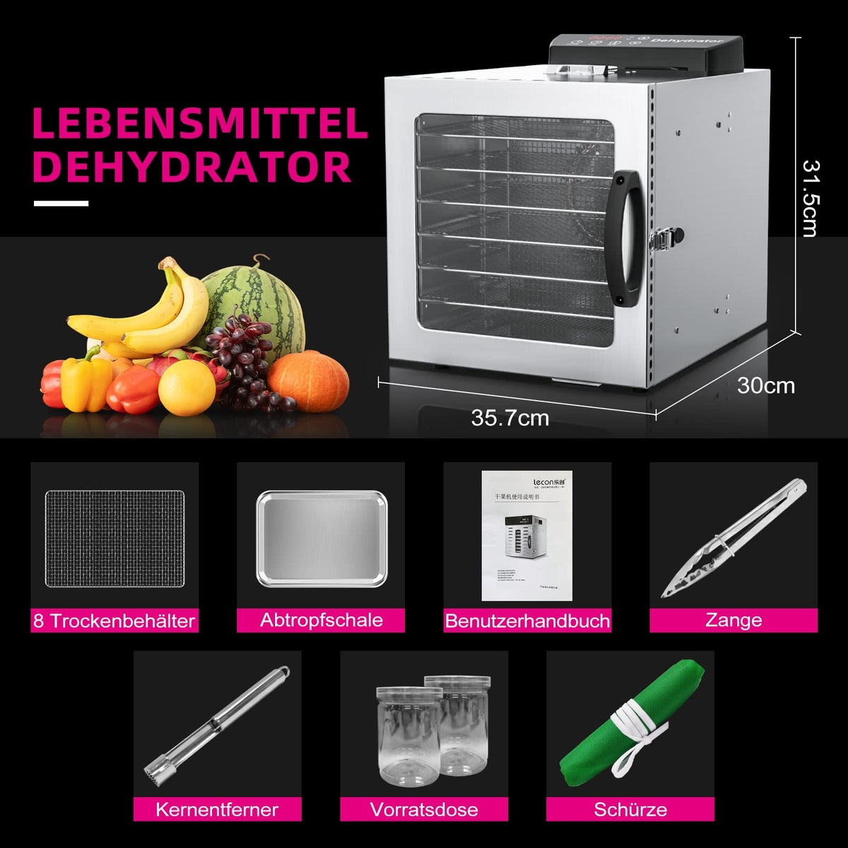 Lecon Dehydrator Stainless Steel Dehydrator Food 30-90°C, 24-Hour Timer Dehydrator for Food, Meat, Fruit, Vegetable Dryer, Fruit Dryer, Dehydrator with Apron, Sealed Tank (8 Levels)w