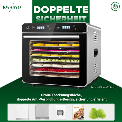 Kwasyo Dörrautomat Edelstahl Trockenkapazität 3,8 kg Rindfleisch, 0,67 m² Trockenfläche, 8 Edelstahl-Dörrtabletts (28x30 cm), 35-85°C Dörrgerät für Hundeleckerlis, Kräuter, Fleisch, Obst, Joghurtw