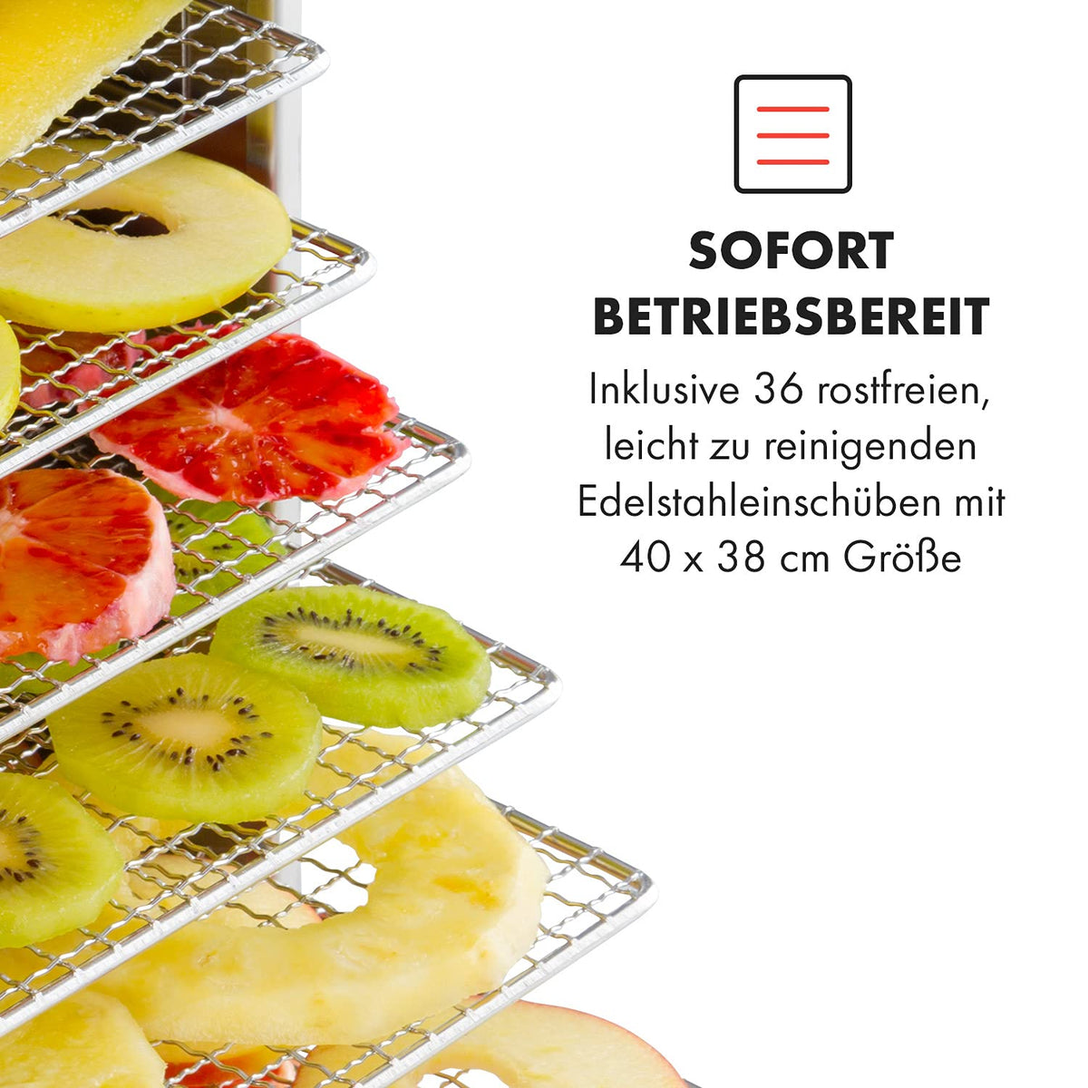 Klarstein Dörrautomat Edelstahl – 4.000-W-Dörrgerät, 48 Edelstahl-Einlegeböden, 30–90 °C, 24-Stunden-Timer, 6 Ventilatoren, 2 Trockenkammern, 50–55 dB, ideal für Obst, Gemüse, Fleisch, Kräuter, Silberw