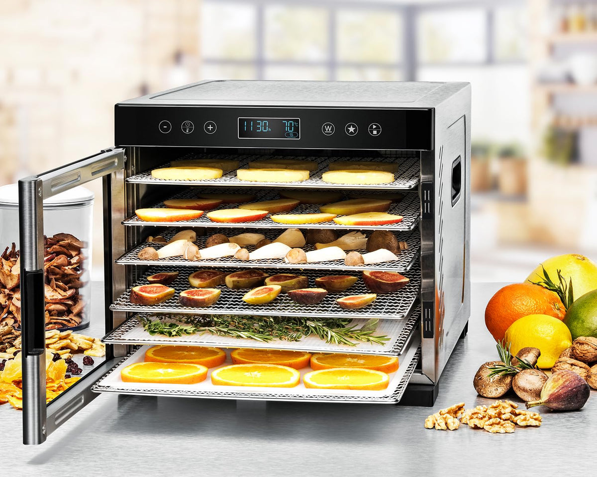 ROMMELSBACHER Dörrautomat DA 1000, XXL-Dörrfläche 1,6 m², inkl. 10 Edelstahl-Dörrtabletts, 2 Dörrgitter, 2 Dörrmatten, LED-Display, 24 Std. Zeitschaltuhr, Temperatur einstellbar (35 °C – 75 °C)w