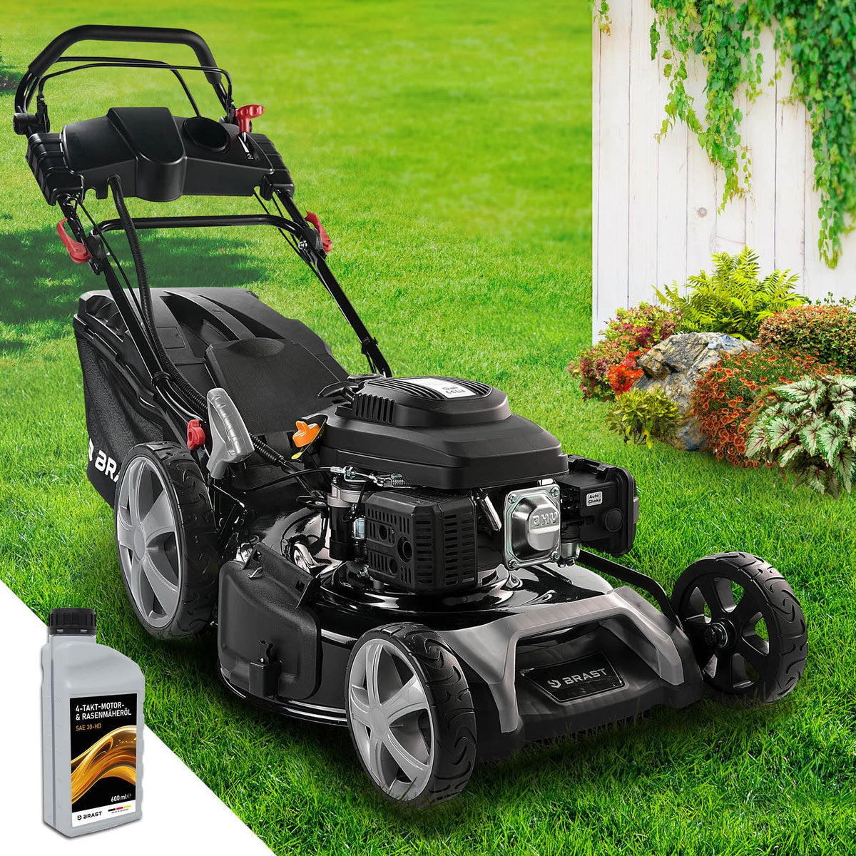 BRAST® Benzin Rasenmäher mit Antrieb | 5,2kW (7PS) | 55cm Schnittbreite | viele Modelle | TÜV | 30-80mm Schnitthöhe | 60L Fangkorb | 4 Takt OHV Motor | Stahlgehäuse | Speedf