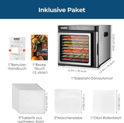 Edelstahl Dörrautomat, 1000W Dörrgerät für Obst und Gemüse mit LED-Anzeige, präziser Temperaturregelung (35-75°C), 48-Stunden-Timer, 9 Edelstahlschalen, 2 Maschensiebe, 1 Schale für Obstrollenw