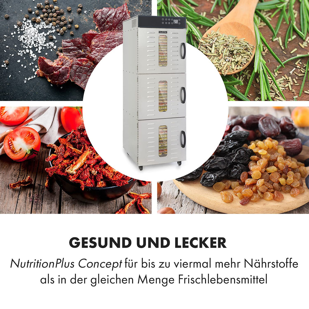 Klarstein Dörrautomat Edelstahl – 4.000-W-Dörrgerät, 48 Edelstahl-Einlegeböden, 30–90 °C, 24-Stunden-Timer, 6 Ventilatoren, 2 Trockenkammern, 50–55 dB, ideal für Obst, Gemüse, Fleisch, Kräuter, Silberw