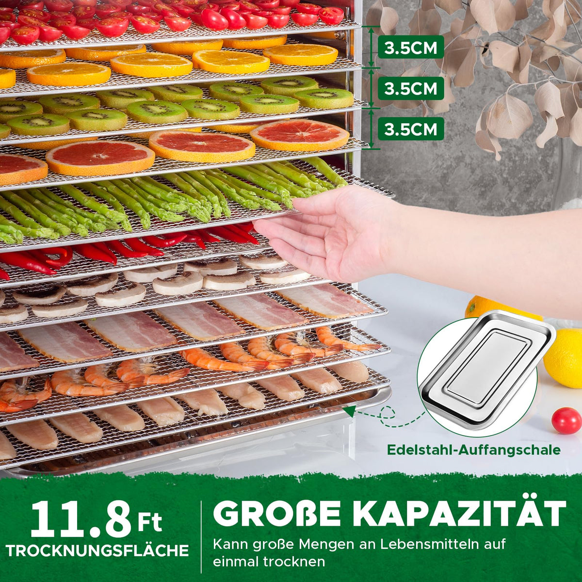 Kwasyo Dörrautomat Edelstahl DA 1000, XXL-Dörrfläche 1,8 m², Dörrgerät Temperatur einstellbar 30-90℃, LED-Display, 24 Std, BPA-frei, mit Rezeptheft, 10 Edelstahl-Dörrtablettsw