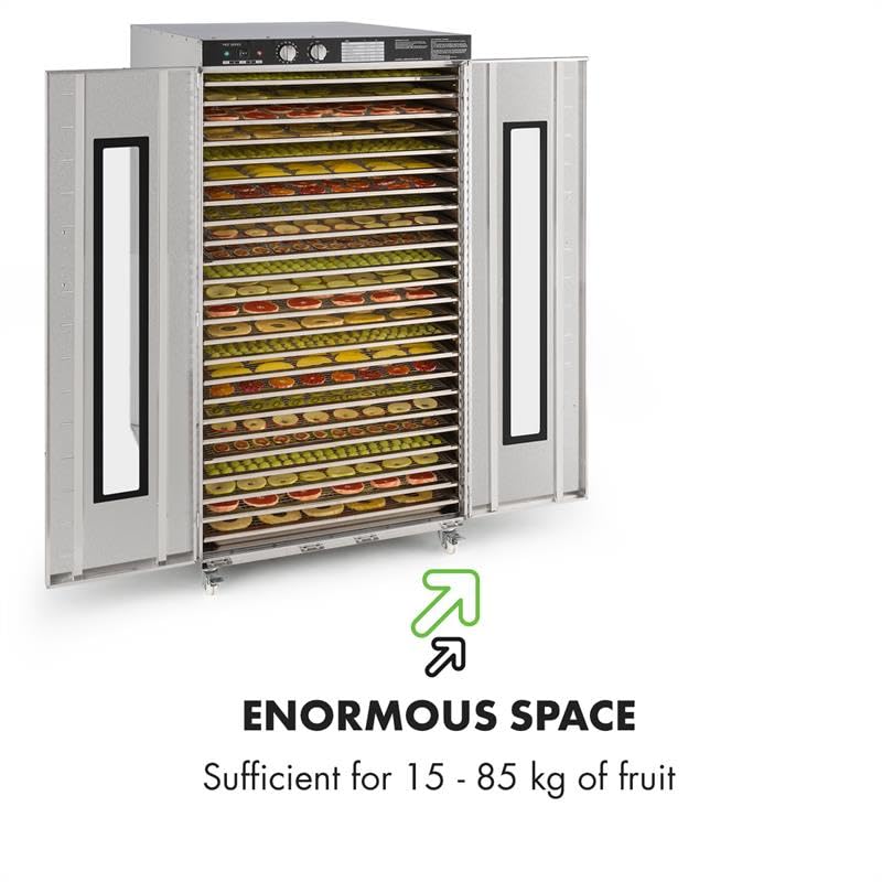 Klarstein Dörrautomat Edelstahl – 4.000-W-Dörrgerät, 48 Edelstahl-Einlegeböden, 30–90 °C, 24-Stunden-Timer, 6 Ventilatoren, 2 Trockenkammern, 50–55 dB, ideal für Obst, Gemüse, Fleisch, Kräuter, Silberw
