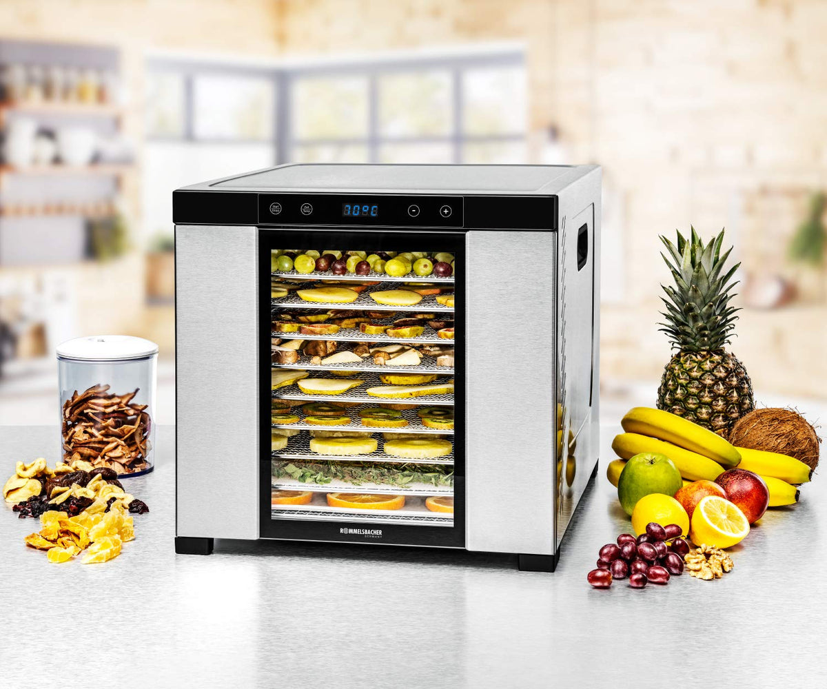 ROMMELSBACHER Dörrautomat DA 1000, XXL-Dörrfläche 1,6 m², inkl. 10 Edelstahl-Dörrtabletts, 2 Dörrgitter, 2 Dörrmatten, LED-Display, 24 Std. Zeitschaltuhr, Temperatur einstellbar (35 °C – 75 °C)w