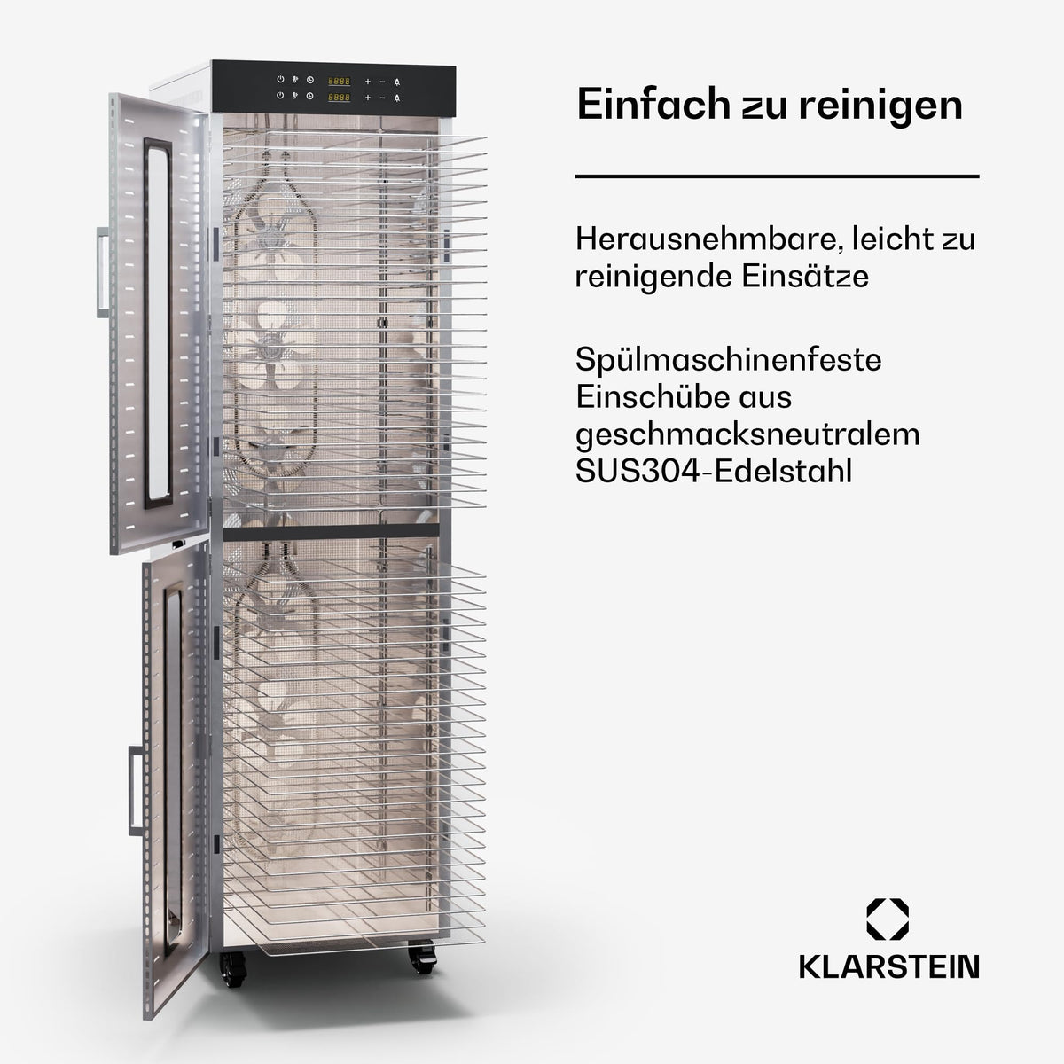 Klarstein Dörrautomat Edelstahl – 4.000-W-Dörrgerät, 48 Edelstahl-Einlegeböden, 30–90 °C, 24-Stunden-Timer, 6 Ventilatoren, 2 Trockenkammern, 50–55 dB, ideal für Obst, Gemüse, Fleisch, Kräuter, Silberw