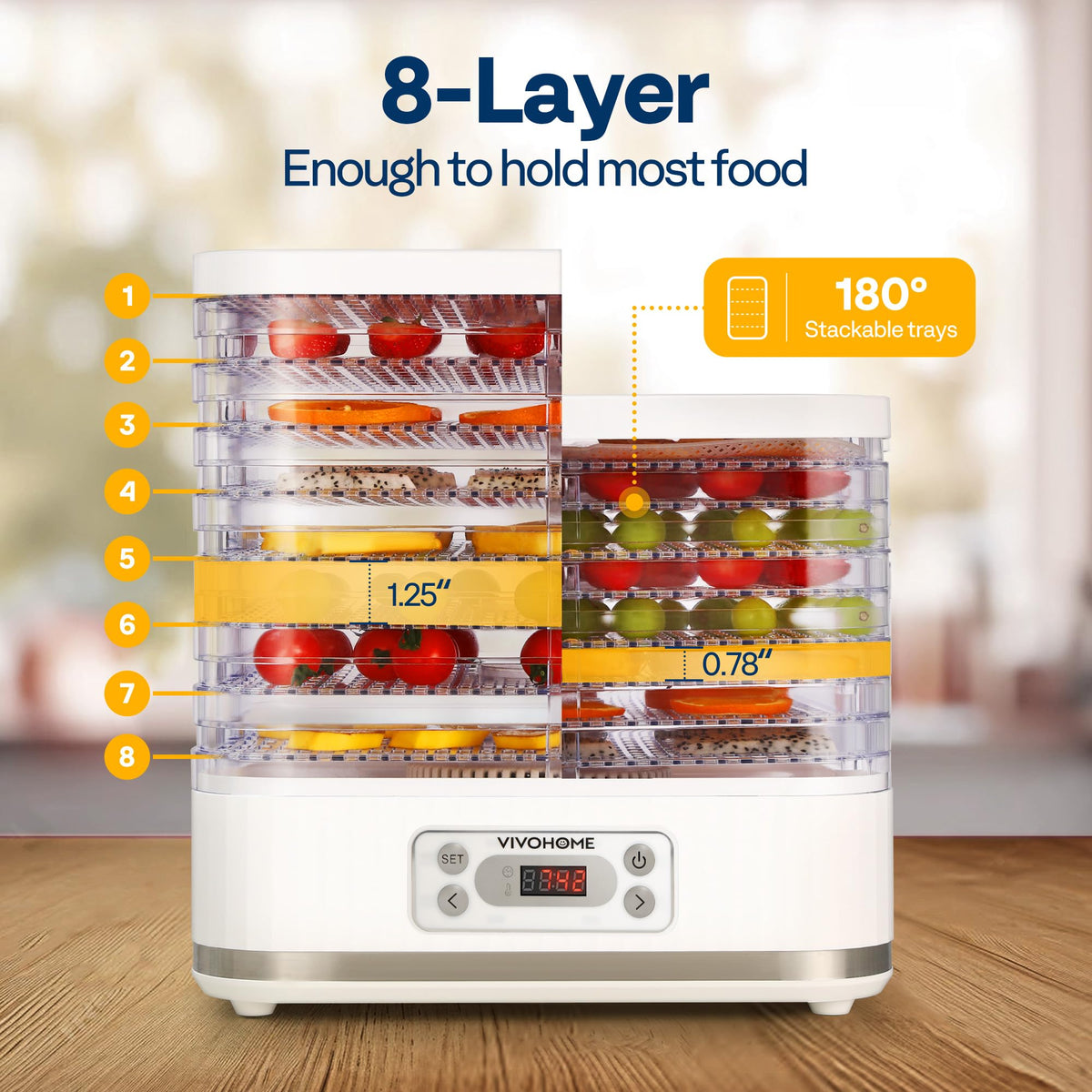 VIVOHOME Dörrautomat mit 8 Einlegefächern 400W BPA frei Dörrgerät mit Temperaturregler von 35°C bis 70°C inkl.72H Timer und Rezept für Fleisch,Obst,Haustier-Leckereienew
