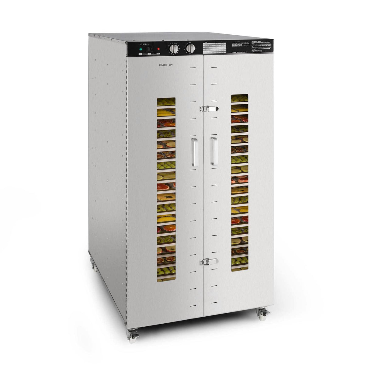 Klarstein Dörrautomat Edelstahl – 4.000-W-Dörrgerät, 48 Edelstahl-Einlegeböden, 30–90 °C, 24-Stunden-Timer, 6 Ventilatoren, 2 Trockenkammern, 50–55 dB, ideal für Obst, Gemüse, Fleisch, Kräuter, Silberw