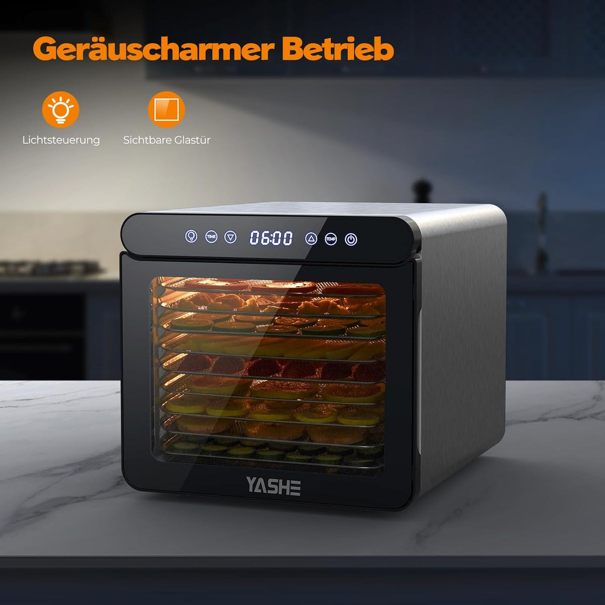 YASHE Stainless Steel Dehydrator with Digital Control (Temperature up to 75°C, Timer up to 48 Hours), 9 Trays Dehydrator for Fruit and Vegetables, Rear Fan for 360° Air Circulation, 800 Ww