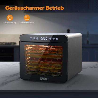 YASHE Stainless Steel Dehydrator with Digital Control (Temperature up to 75°C, Timer up to 48 Hours), 9 Trays Dehydrator for Fruit and Vegetables, Rear Fan for 360° Air Circulation, 800 Ww