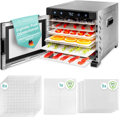 A-rival Dehydrator, Stainless Steel Dehydrator, Touch Control, Professional Dehydrator Stainless Steel, 24 Hour Timer, 6 Drying Trays + 3 Drying Mats, BPA-Free, 35 °C to 75 °C, Quiet Operation, 360°w