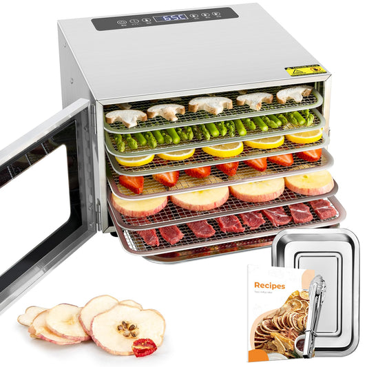 Kwasyo Dörrautomat Edelstahl DA 1000, XXL-Dörrfläche 1,8 m², Dörrgerät Temperatur einstellbar 30-90℃, LED-Display, 24 Std, BPA-frei, mit Rezeptheft, 10 Edelstahl-Dörrtablettsw