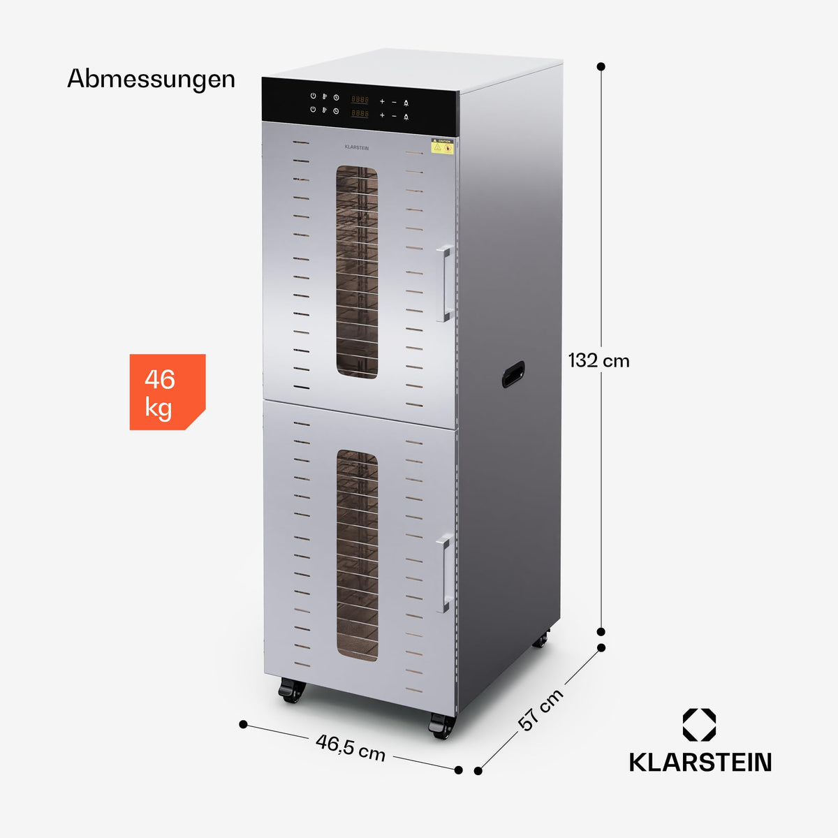 Klarstein Dörrautomat Edelstahl – 4.000-W-Dörrgerät, 48 Edelstahl-Einlegeböden, 30–90 °C, 24-Stunden-Timer, 6 Ventilatoren, 2 Trockenkammern, 50–55 dB, ideal für Obst, Gemüse, Fleisch, Kräuter, Silberw