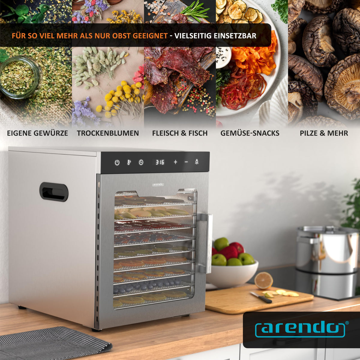Arendo - Stainless steel dehydrator 8-fold - 500 watts with temperature control - dehydrator for food meat fruits fruit mushrooms - timer up to 24 hours - 8 compartments - GS - dehydratorw