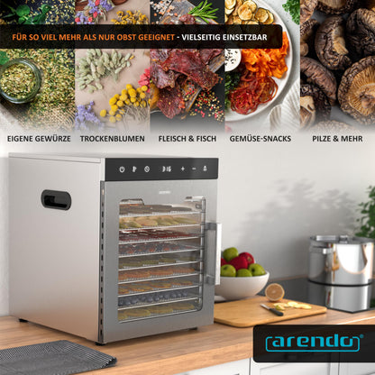 Arendo - Stainless steel dehydrator 8-fold - 500 watts with temperature control - dehydrator for food meat fruits fruit mushrooms - timer up to 24 hours - 8 compartments - GS - dehydratorw