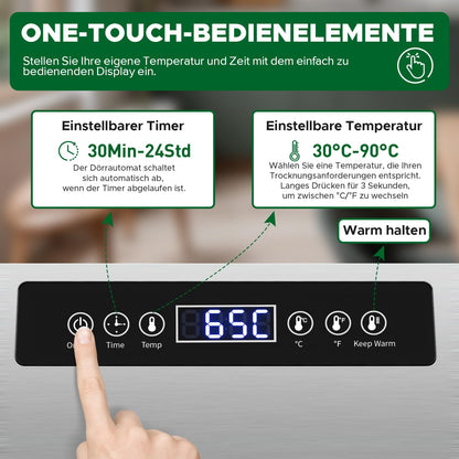 Kwasyo Dörrautomat Edelstahl DA 1000, XXL-Dörrfläche 1,8 m², Dörrgerät Temperatur einstellbar 30-90℃, LED-Display, 24 Std, BPA-frei, mit Rezeptheft, 10 Edelstahl-Dörrtablettsw