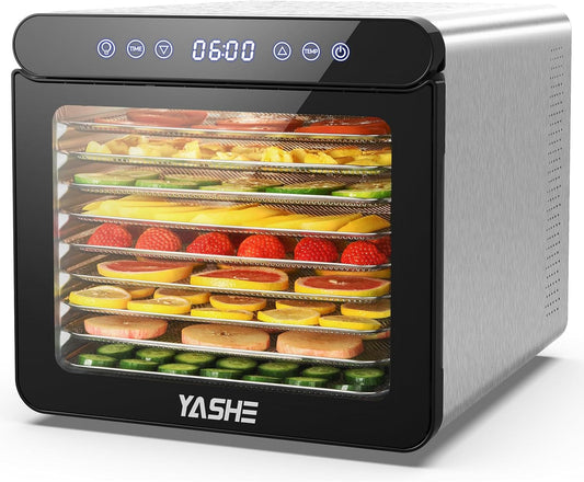 YASHE Stainless Steel Dehydrator with Digital Control (Temperature up to 75°C, Timer up to 48 Hours), 9 Trays Dehydrator for Fruit and Vegetables, Rear Fan for 360° Air Circulation, 800 Ww