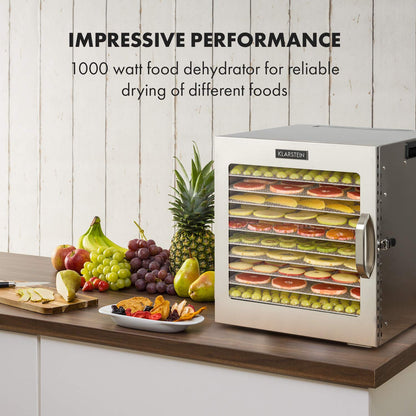 Klarstein Dörrgerät, Dörrautomat für Gemüse, Obst, Pilze & Fleisch, 1500W Edelstahl-Dörrautomat, Trockenautomat mit 16 Metallgitter, Dörrgerät mit 24H Timer & Touch-Display, Food Dehydratorw