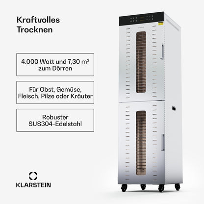 Klarstein Dörrautomat Edelstahl – 4.000-W-Dörrgerät, 48 Edelstahl-Einlegeböden, 30–90 °C, 24-Stunden-Timer, 6 Ventilatoren, 2 Trockenkammern, 50–55 dB, ideal für Obst, Gemüse, Fleisch, Kräuter, Silberw