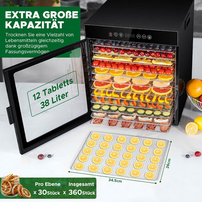 Kwasyo Dörrautomat Edelstahl, Dörrgerät 12 Etagen Ganz in Schwarz, 30-90℃ Temperaturregelung, 24 Stunden Timer, Rezeptheft für Fleisch Obst Gemüse Kräuter, 1000W, LT-09w